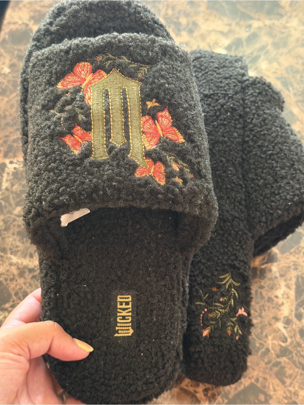 Wicked Black Fuzzy Embroidered Slippers Floral Butterfly Universal